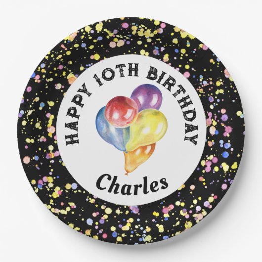 Zwarte  Waterverf Confetti Verjaardag Papieren Bordje (Voorkant)