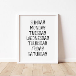 Zwarte waterverf dag van de week leren poster