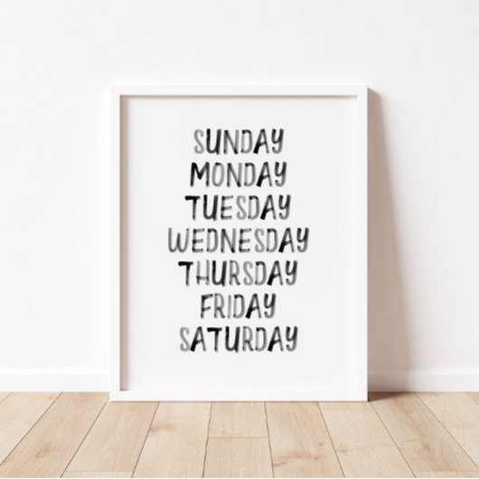 Zwarte waterverf dag van de week leren poster