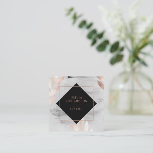 Zwarte Waterverf en Faux Roos Gold Leaves Vierkante Visitekaartje (Staand voorkant)