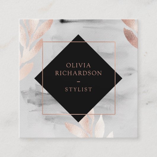 Zwarte Waterverf en Faux Roos Gold Leaves Vierkante Visitekaartje (Voorkant)
