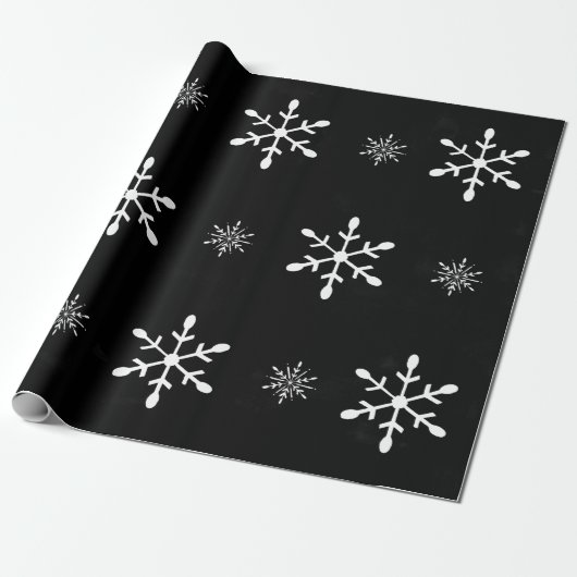 Zwarte Waterverf en witte sneeuwvlokken | Kerstmis Cadeaupapier (Uitgerold)