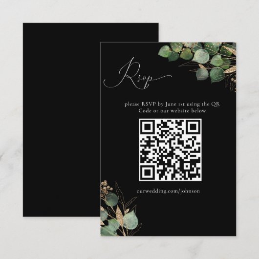 Zwarte Waterverf Eucalyptus QR Code Reactiekaart RSVP Kaartje (Voorkant / Achterkant)