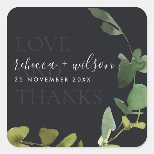 ZWARTE WATERVERF EUCALYPTUS VERLIES EN DANK WEDING VIERKANTE STICKER (Voorkant)