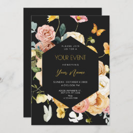 Zwarte Waterverf floral elegant Kaart