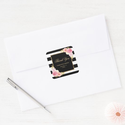 Zwarte  Waterverf Floral Weddenschap Hartelijk dan Vierkante Sticker (Envelop)