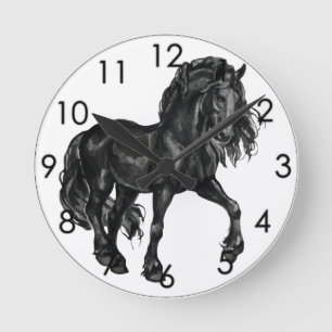 Zwarte Waterverf Friesian Horse prancing Ronde Klok