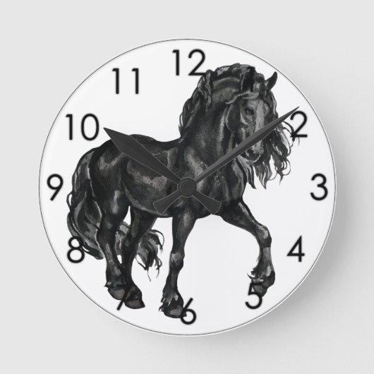 Zwarte Waterverf Friesian Horse prancing Ronde Klok (Voorkant)