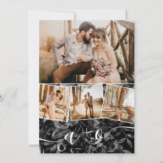 Zwarte waterverf initialen bruiloft met foto's kaart (Achterkant)