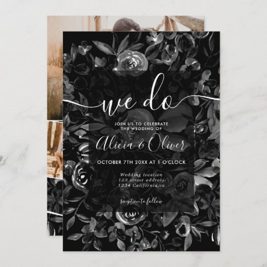 Zwarte waterverf initialen bruiloft met foto's kaart (Voorkant / Achterkant)