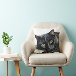 Zwarte Waterverf kat op wit Kussen