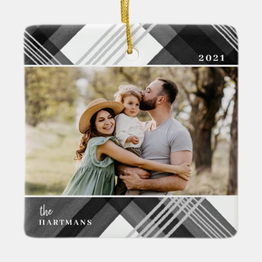 Zwarte Waterverf met schilfers kerstfoto  Keramisch Ornament (Voorkant)