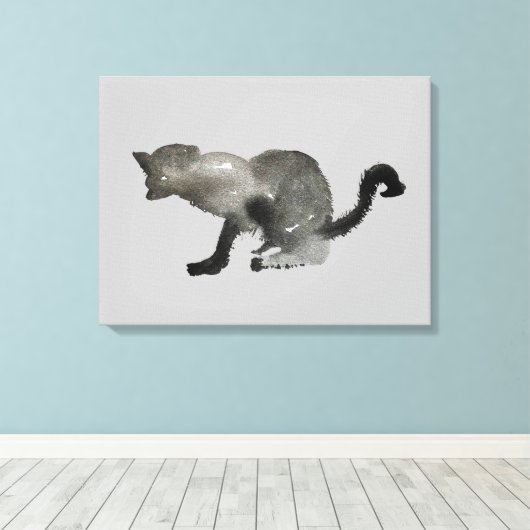 Zwarte waterverf monochrome kat canvas afdruk (Insitu (Houten vloer))