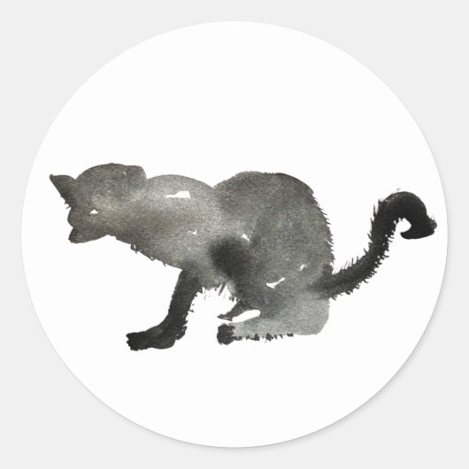 Zwarte waterverf monochrome kat ronde sticker (Voorkant)