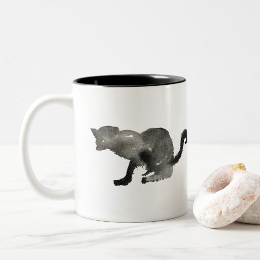 Zwarte waterverf monochrome kat tweekleurige koffiemok (Met donut)