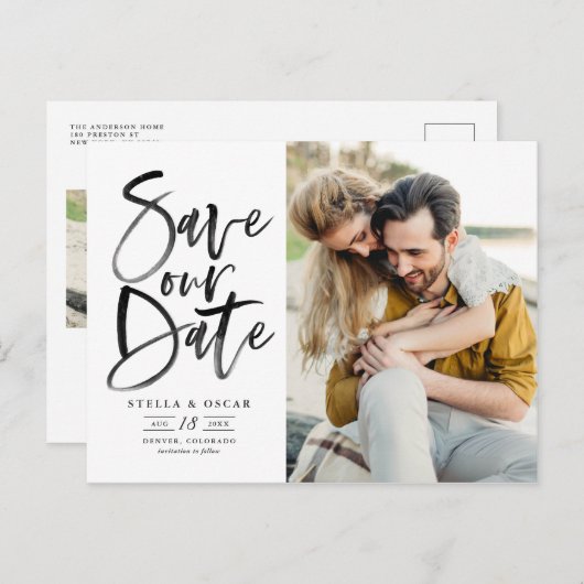 Zwarte Waterverf penseelkalligrafie bespaart onze  Aankondigingskaart (Voorkant / Achterkant)