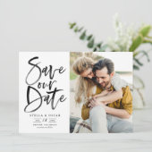 Zwarte Waterverf penseelkalligrafie Foto Save The Date (Staand voorkant)