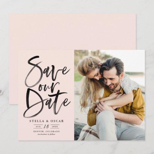 Zwarte Waterverf penseelkalligrafie Foto Save The Date (Voorkant / Achterkant)