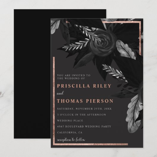 Zwarte waterverf roos goudflorale bruiloft kaart (Voorkant / Achterkant)
