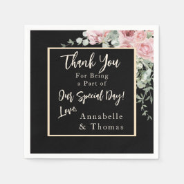 Zwarte Waterverf Roze Bloemen Huwelijk Servet