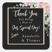 Zwarte Waterverf Roze Bloemen Huwelijk Vierkante Sticker (Voorkant)