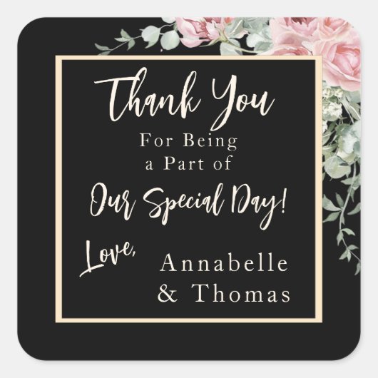 Zwarte Waterverf Roze Bloemen Huwelijk Vierkante Sticker (Voorkant)