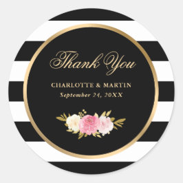 Zwarte  Waterverf Roze Floral Hartelijk dank Ronde Sticker
