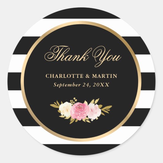 Zwarte  Waterverf Roze Floral Hartelijk dank Ronde Sticker (Voorkant)