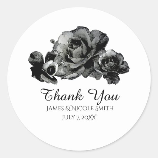 Zwarte Waterverf Rozen Elegant Wedding Favor Ronde Sticker (Voorkant)