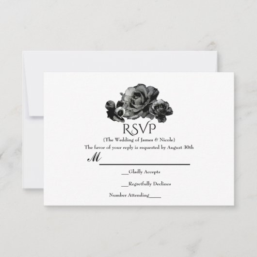 Zwarte Waterverf Rozen Elegante bruiloft RSVP-kaar RSVP Kaartje (Voorkant)