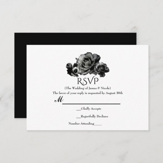 Zwarte Waterverf Rozen Elegante bruiloft RSVP-kaar RSVP Kaartje (Voorkant / Achterkant)