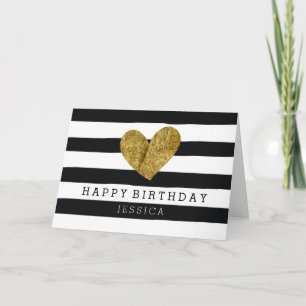 Zwarte Waterverf Stripes Gold Heart Birthday Kaart