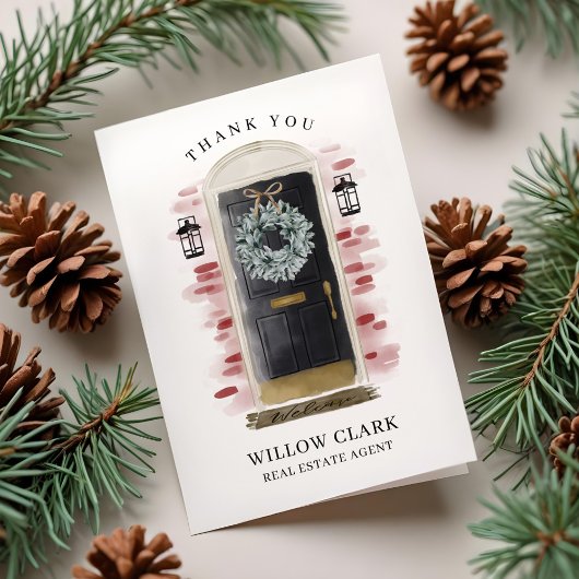 Zwarte Waterverf voordeur & krans Dank u Bedankkaart