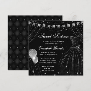 Zwarte waterverfjurk & glittersluier Sweet 16 Kaart