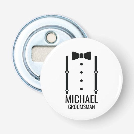 Zwarte Wedding Bow Stropdas Gepersonaliseerde Groo Button Flesopener (Voorkant)