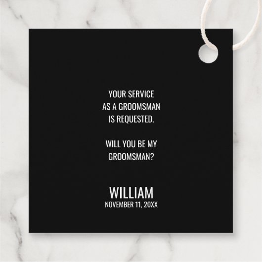 Zwarte Wedding Bow Stropdas Groomsman Voorstel Bedankjes Labels (Achterkant)