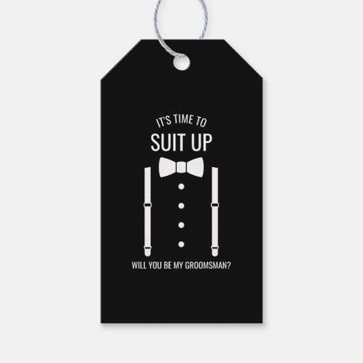 Zwarte Wedding Bow Stropdas Groomsman Voorstel Cadeaulabel (Voorkant)