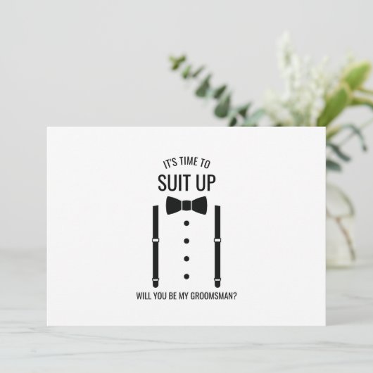 Zwarte Wedding Bow Stropdas Groomsman Voorstel Kaart (Staand voorkant)