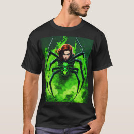 Zwarte weduwe spin met neon groene rook rond de t-shirt
