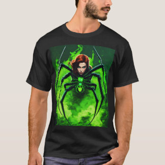 Zwarte weduwe spin met neon groene rook rond de t-shirt