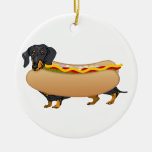 Zwarte Weiner Dog met Alle Fixins Keramisch Ornament