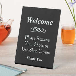 Zwarte Welkom Schoenen Uit Schoenhoezen Reclamebord Met Voetstuk