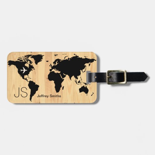Zwarte Wereldkaart Custom Bagagelabel (Voorkant horizontaal)