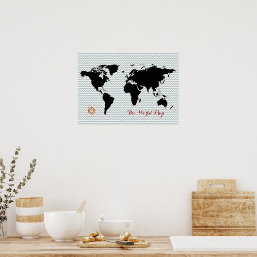 zwarte wereldkaart op chevron poster (Keuken)