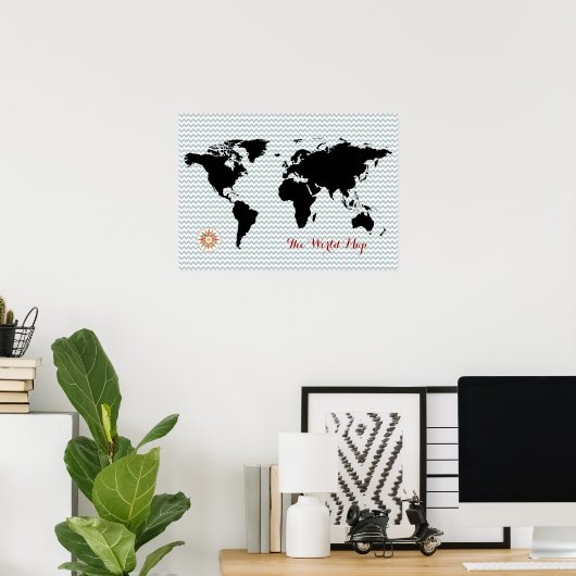 zwarte wereldkaart op chevron poster (Thuiskantoor)