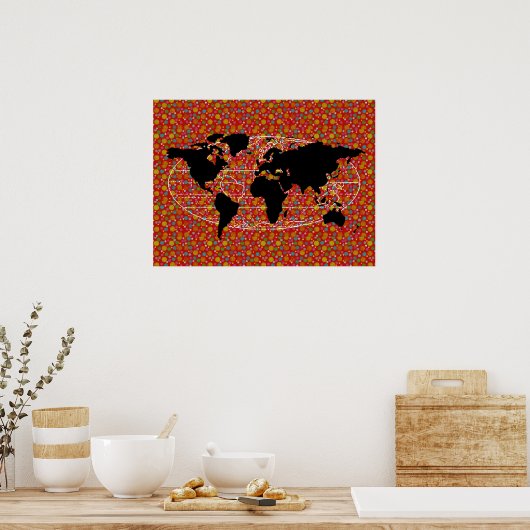zwarte wereldkaart polka stippen poster (Keuken)