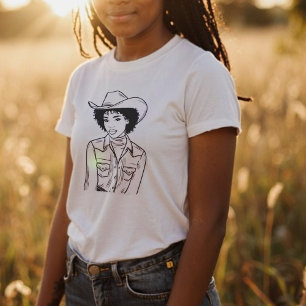 Zwarte Westerne Cowgirl Line Tekenstijl T-shirt