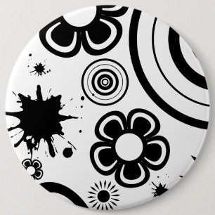Zwarte Whimsical Bloemen, Cirkels, Spatpatroon Ronde Button 6,0 Cm