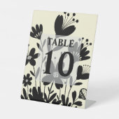Zwarte Whimsical Bloemen Tafel Nummer Reclamebord Met Voetstuk (Voorkant)