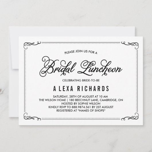 Zwarte Whimsical Borders Bridal Luncheon Kaart (Voorkant)